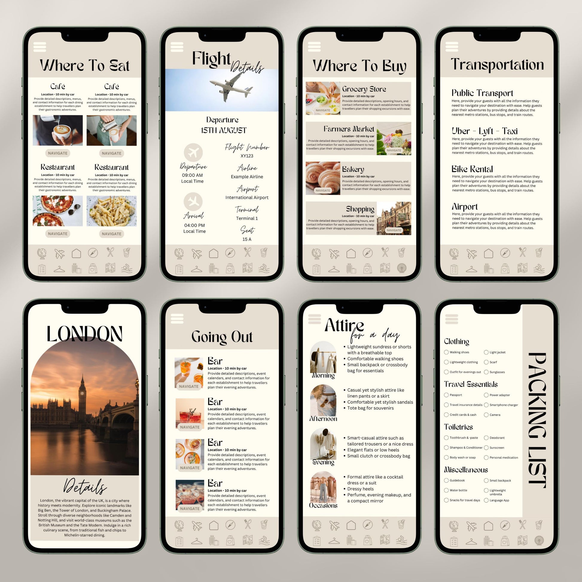 A collage of eight smartphone screens showcases a digital travel itinerary interface. Each screen displays different sections.