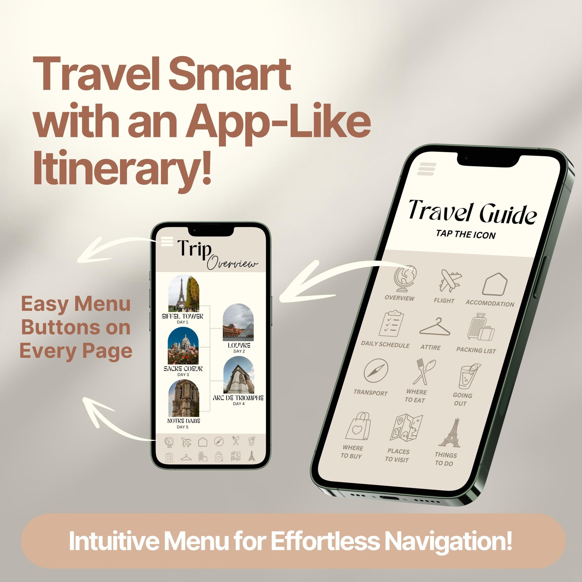 Two smartphones display a digital travel itinerary designed to look and function like an app. Bold text highlights features like "Easy Menu Buttons on Every Page" and "Intuitive Menu for Effortless Navigation!"