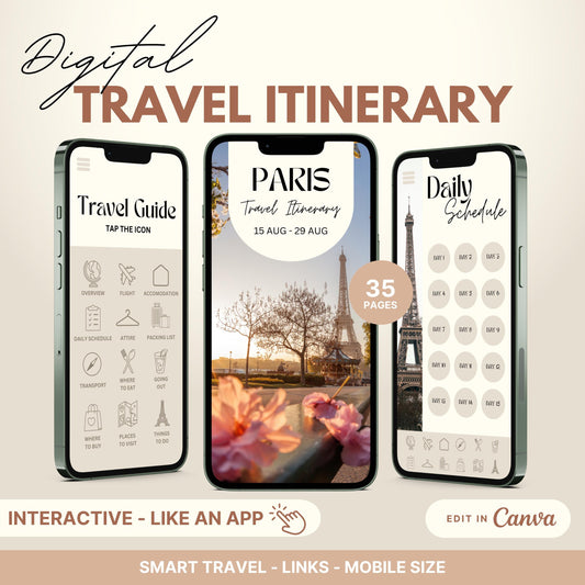 Digital travel itinerary displayed on three smartphones, featuring an interactive travel guide, daily schedule, and itinerary cover.