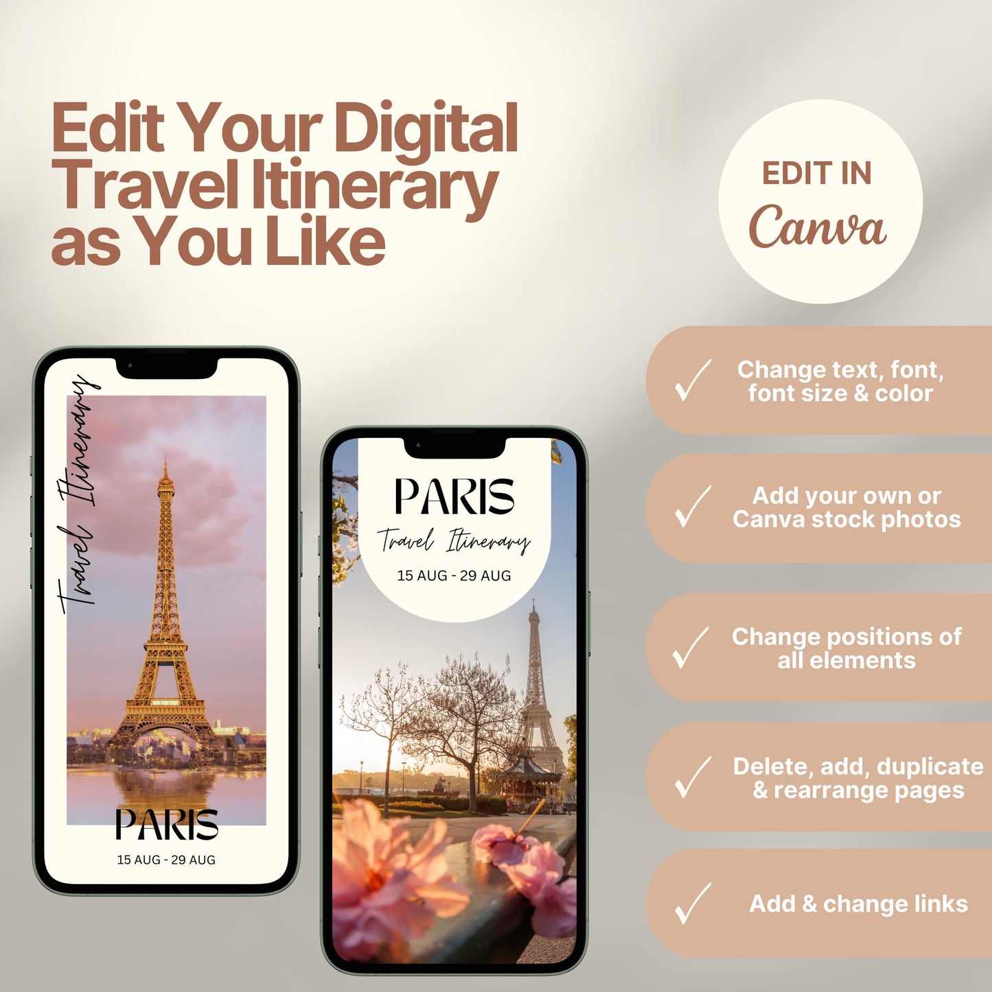 Two smartphones display customizable digital travel itinerary covers. The right side of the image lists editing features in Canva, including changing text, font, colors, images, layout, and links. A round badge reads “EDIT IN Canva,” emphasizing flexibility and personalization options.