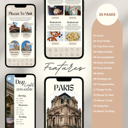 A promotional graphic for a 35-page digital travel itinerary, displayed on mobile phones. The screens show beautifully designed pages including “Places to Visit,” restaurant recommendations with images, a detailed daily schedule,