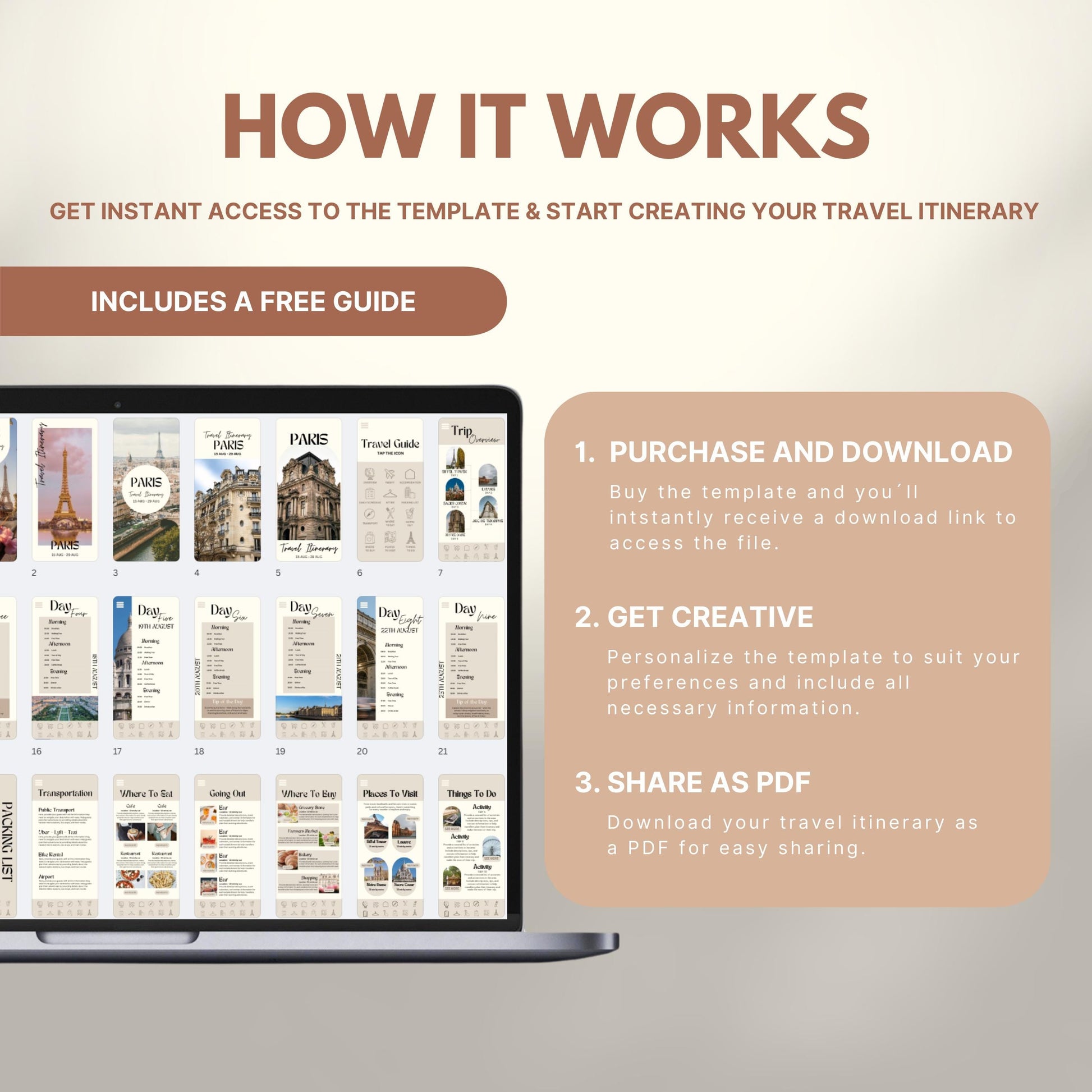 A promotional image explains how to use a digital Airbnb welcome book template. The text reads "How It Works" with a subheading, "Get instant access to the template & start creating your welcome book." A laptop displays thumbnails of different template pages. Three steps are highlighted in a peach-colored box: 1) Purchase and download, 2) Get creative by personalizing, and 3) Share with your guests as a PDF.