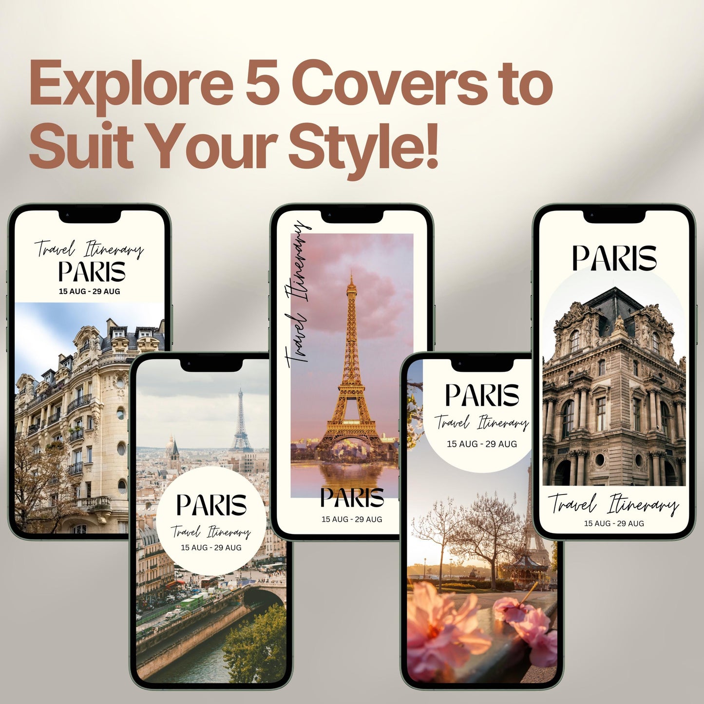 Five smartphone screens display different stylish cover designs. The headline above reads “Explore 5 Covers to Suit Your Style!” showcasing customization options for travelers.