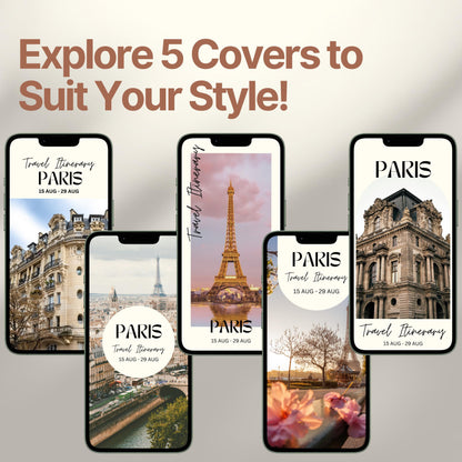 Five smartphone screens display different stylish cover designs. The headline above reads “Explore 5 Covers to Suit Your Style!” showcasing customization options for travelers.