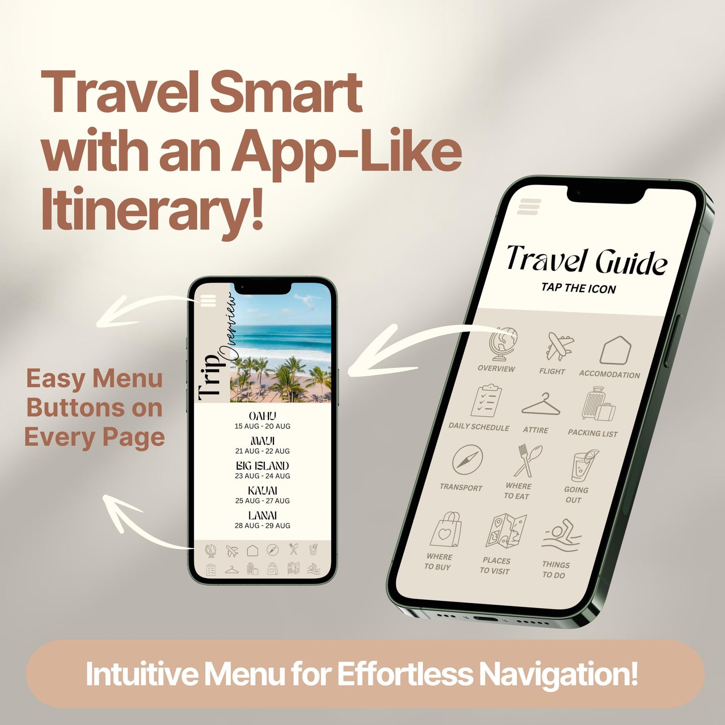 Two smartphones display a digital travel itinerary designed to look and function like an app. Bold text highlights features like "Easy Menu Buttons on Every Page" and "Intuitive Menu for Effortless Navigation!"