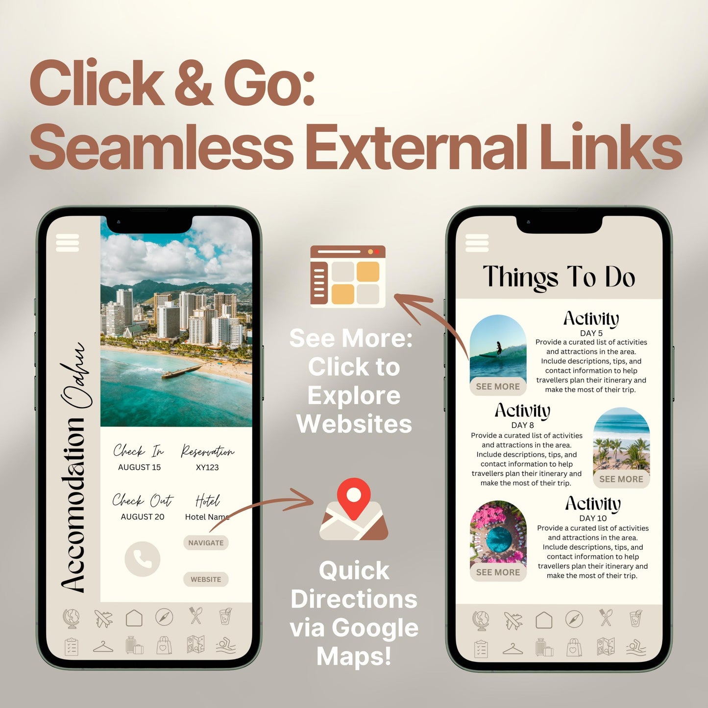 Two smartphones display an interactive digital travel guide interface. Text highlights features like “Quick Directions via Google Maps!” and “Click to Explore Websites,” emphasizing seamless external link integration for an app-like travel experience.
