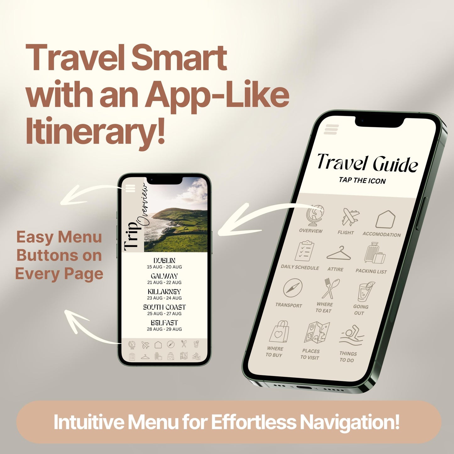 Two smartphones display a digital travel itinerary designed to look and function like an app. Bold text highlights features like "Easy Menu Buttons on Every Page" and "Intuitive Menu for Effortless Navigation!"