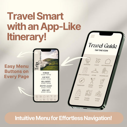 Two smartphones display a digital travel itinerary designed to look and function like an app. Bold text highlights features like "Easy Menu Buttons on Every Page" and "Intuitive Menu for Effortless Navigation!"