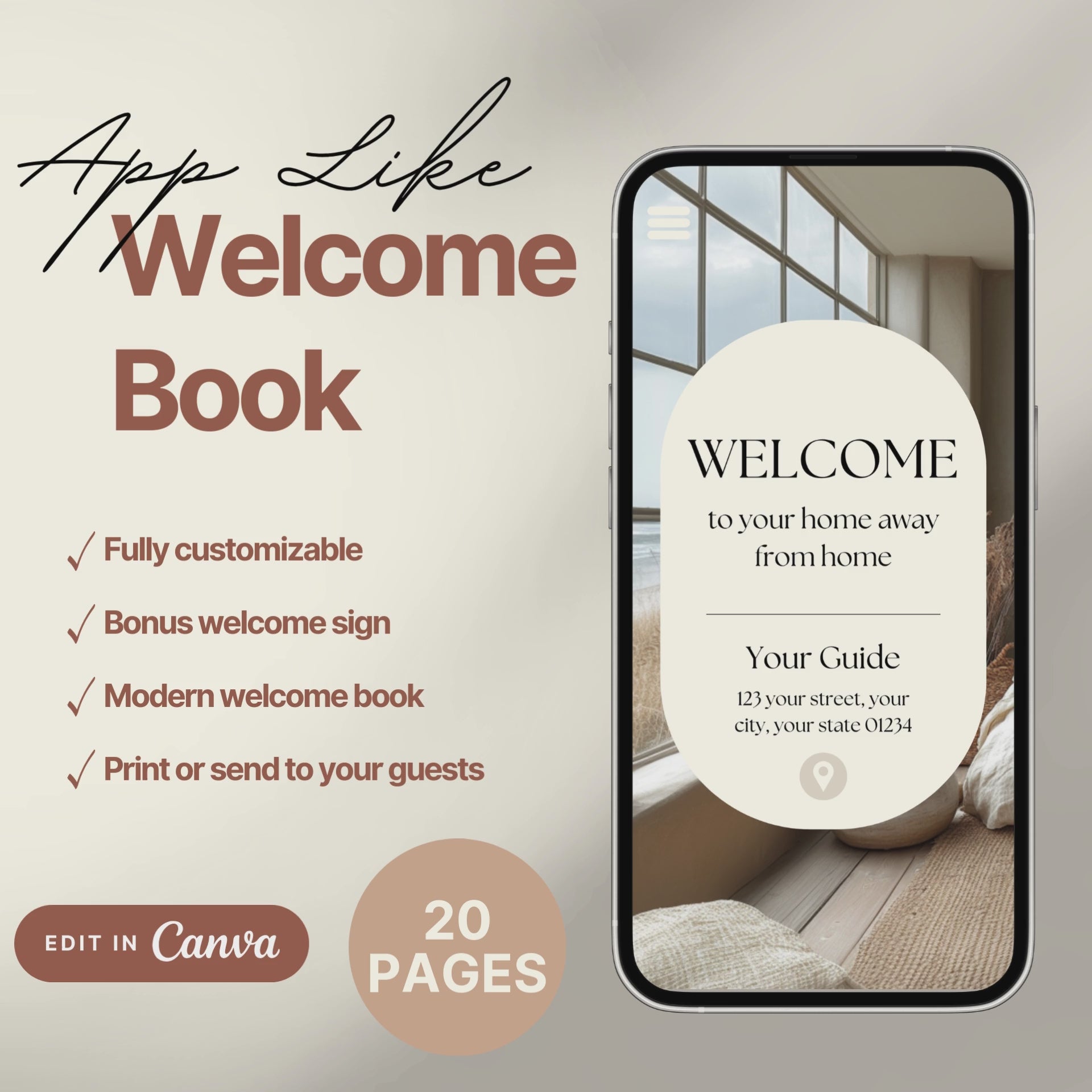 A promotional video for a customizable welcome book, designed for travelers or hosts. The video showcases a sleek interface on mobile and tablet devices, highlighting features such as editable text, local recommendations, accommodation details, maps, and clickable links.