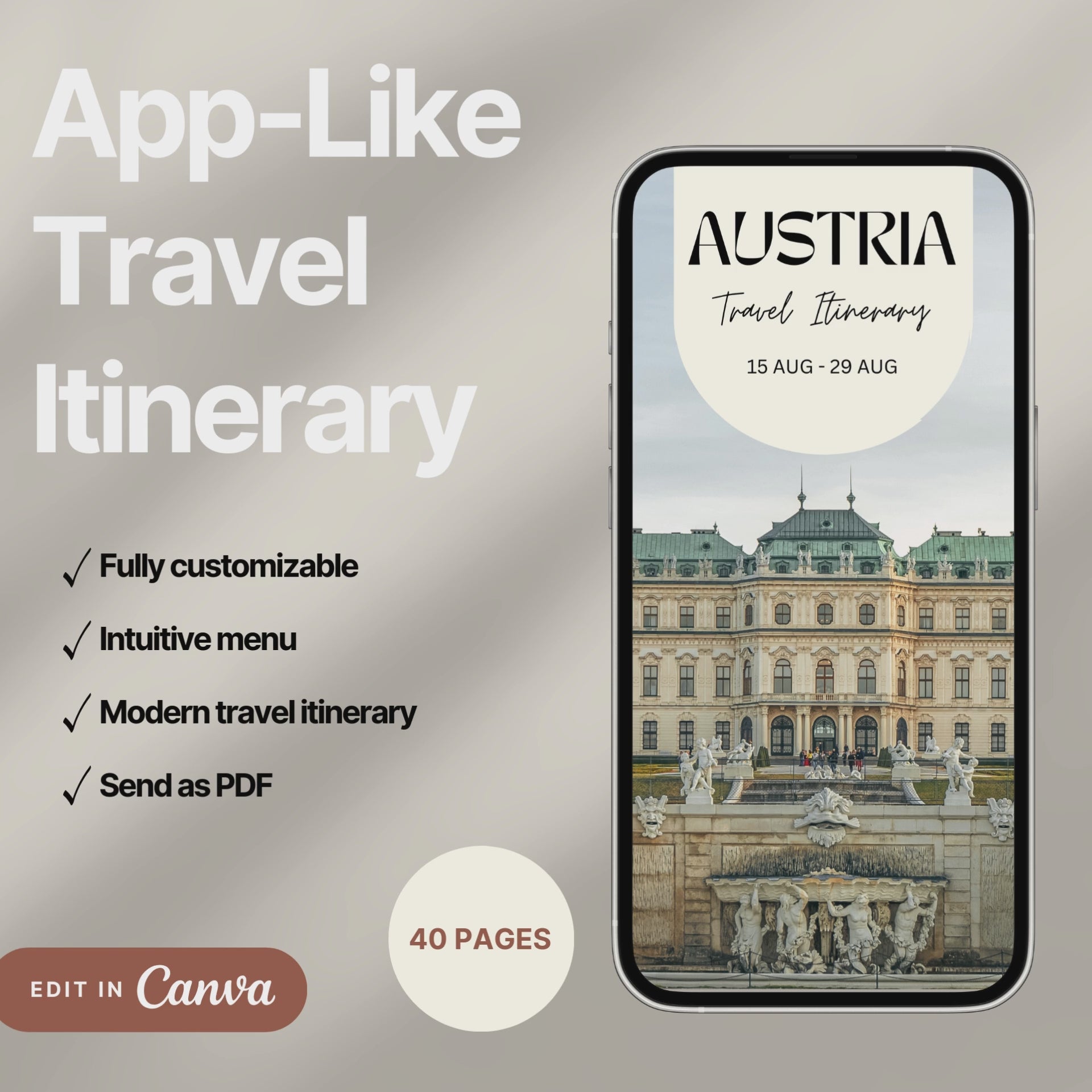 A digital travel itinerary showcased on a smartphone, displaying various interactive pages like daily schedules, packing lists, and destination guides.