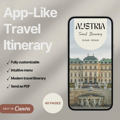 A digital travel itinerary showcased on a smartphone, displaying various interactive pages like daily schedules, packing lists, and destination guides.