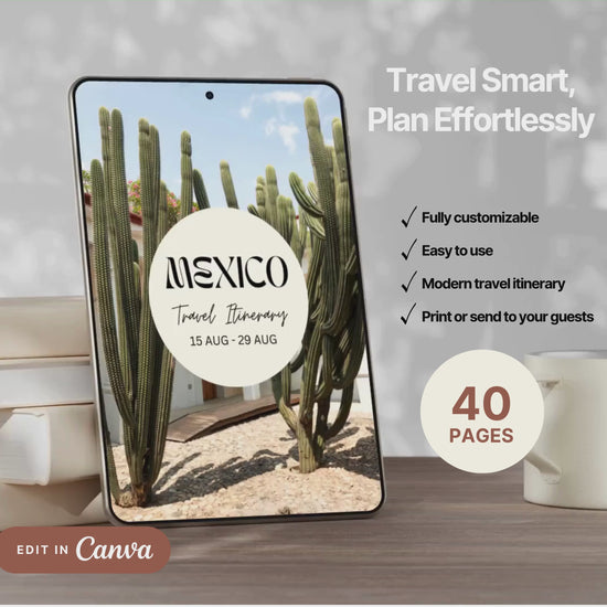 A promotional video showcasing a editable Travel Itinerary in Canva. The video highlights features like daily schedule layouts, clickable links, interactive menu navigation, destination guides.
