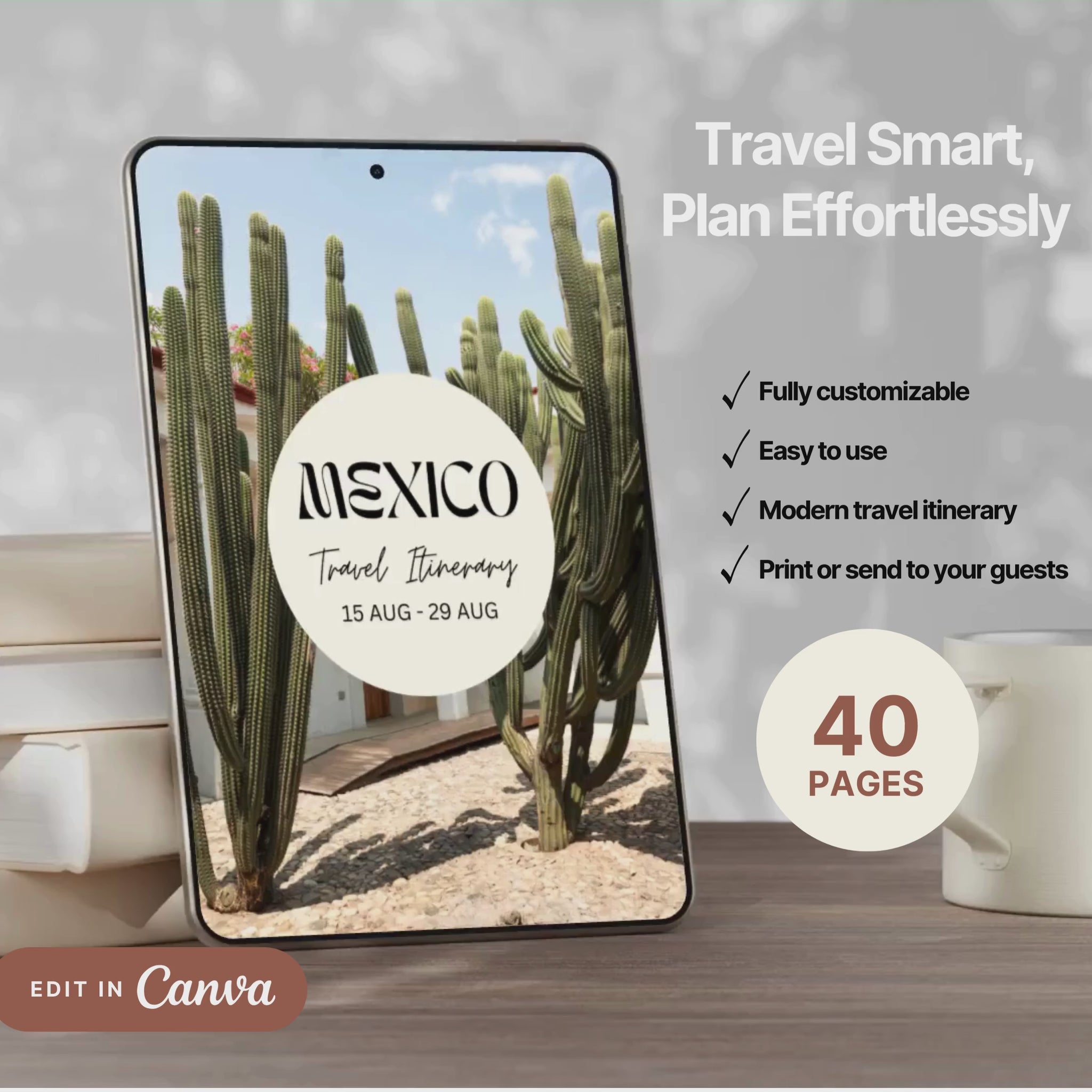 A promotional video showcasing a editable Travel Itinerary in Canva. The video highlights features like daily schedule layouts, clickable links, interactive menu navigation, destination guides.