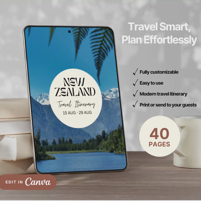 A promotional video showcasing a editable Travel Itinerary in Canva. The video highlights features like daily schedule layouts, clickable links, interactive menu navigation, destination guides.