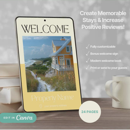 A promotional video for a customizable welcome book, designed for travelers or hosts. The video showcases a sleek interface on mobile and tablet devices, highlighting features such as editable text, local recommendations, accommodation details, maps, and clickable links.