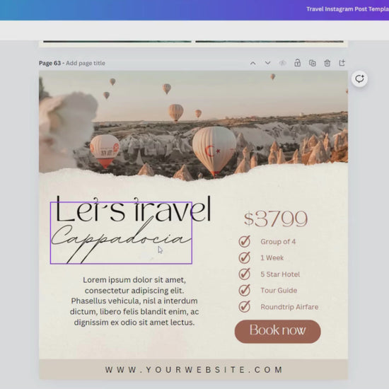 A promotional video showcasing editable Instagram templates for travel-themed content. The video features animated previews of Canva designs for destination highlights, itinerary previews, packing tips, travel quotes, and guest reviews.