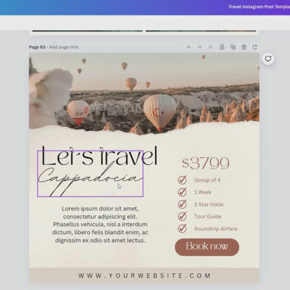 A promotional video showcasing editable Instagram templates for travel-themed content. The video features animated previews of Canva designs for destination highlights, itinerary previews, packing tips, travel quotes, and guest reviews.