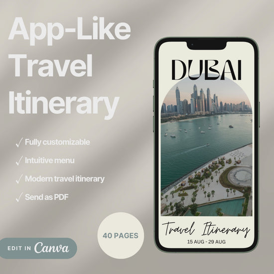 A digital travel itinerary showcased on a smartphone, displaying various interactive pages like daily schedules, packing lists, and destination guides.
