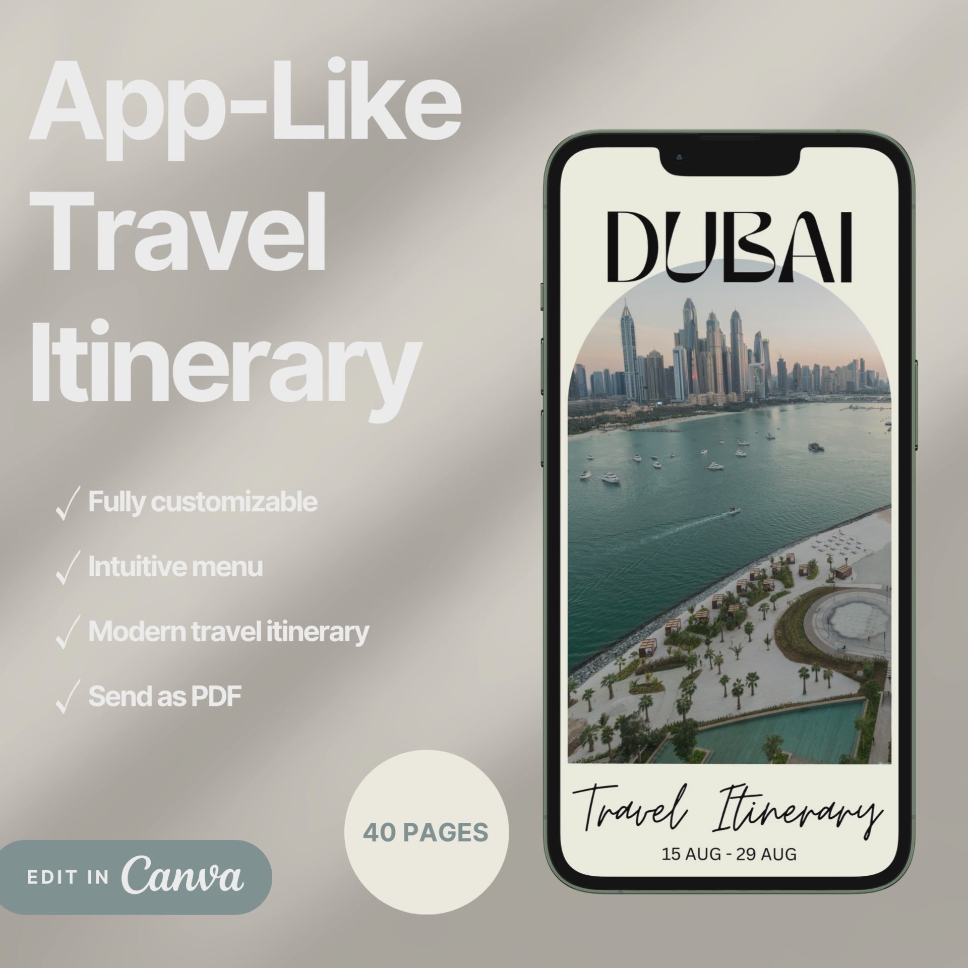 A digital travel itinerary showcased on a smartphone, displaying various interactive pages like daily schedules, packing lists, and destination guides.
