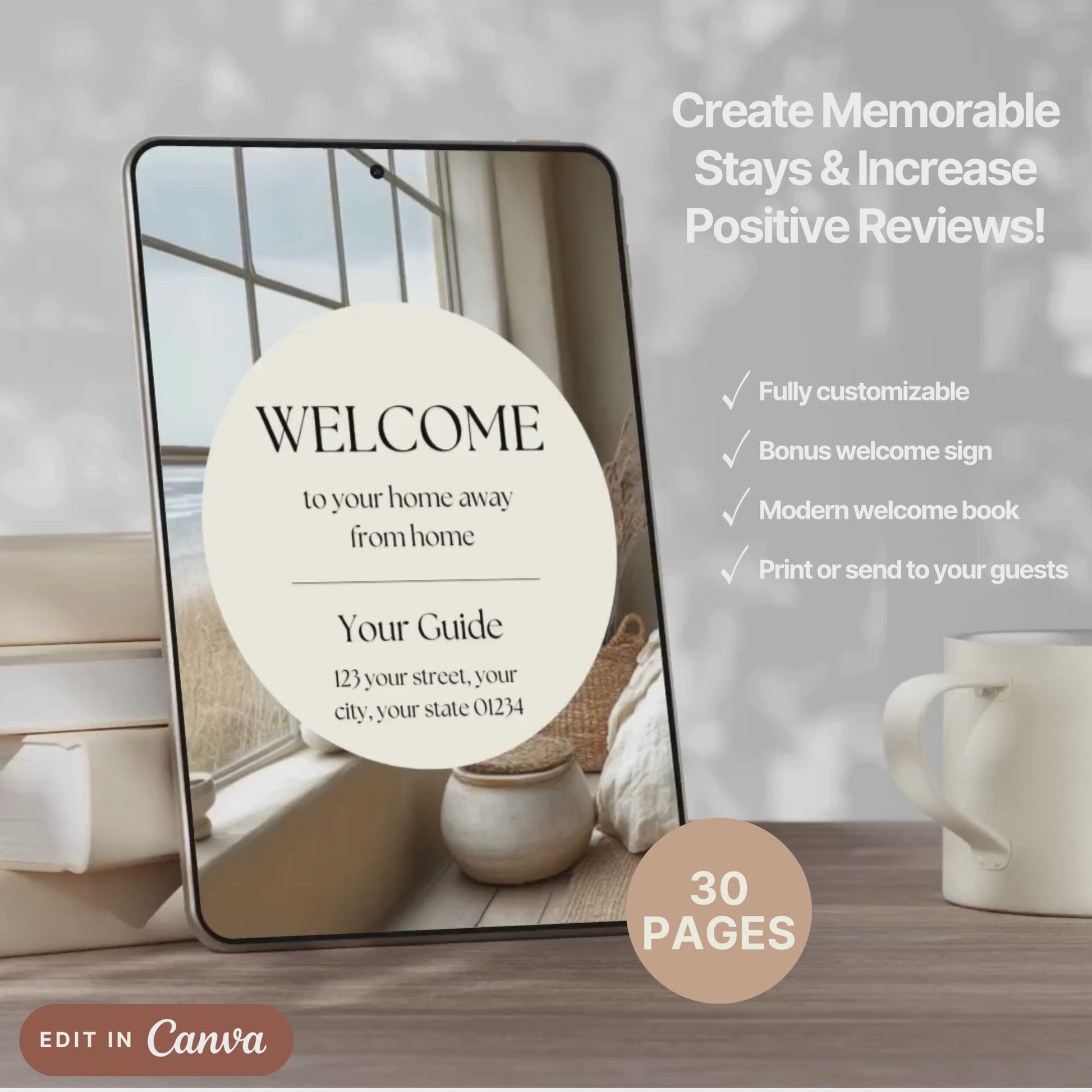 A promotional video for a customizable welcome book, designed for travelers or hosts. The video showcases a sleek interface on mobile and tablet devices, highlighting features such as editable text, local recommendations, accommodation details, maps, and clickable links.