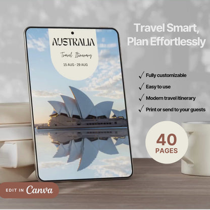 A promotional video showcasing a editable Travel Itinerary in Canva. The video highlights features like daily schedule layouts, clickable links, interactive menu navigation, destination guides.