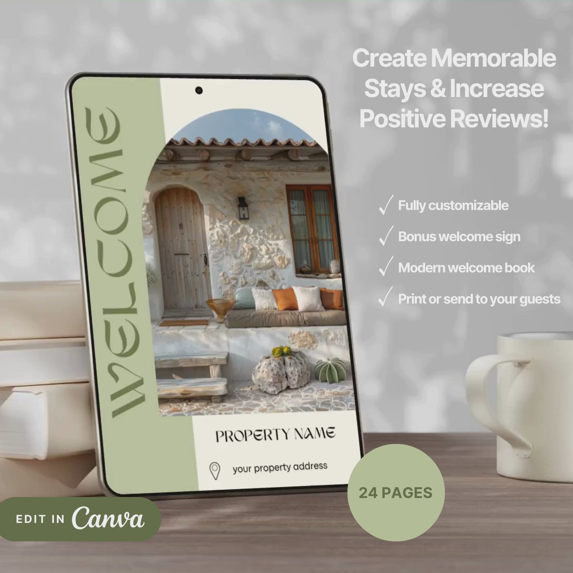 A promotional video for a customizable welcome book, designed for travelers or hosts. The video showcases a sleek interface on mobile and tablet devices, highlighting features such as editable text, local recommendations, accommodation details, maps, and clickable links.