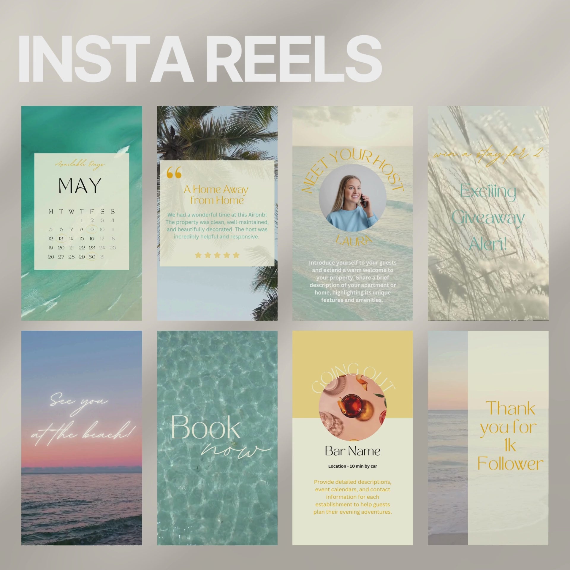 Promo video showcasing a Instagram template bundle for Airbnb hosts, featuring animated previews of post designs, stories, and video story templates with clean, modern layouts and travel-related content.