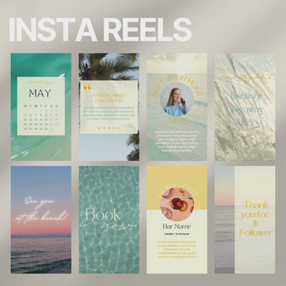 Promo video showcasing a Instagram template bundle for Airbnb hosts, featuring animated previews of post designs, stories, and video story templates with clean, modern layouts and travel-related content.