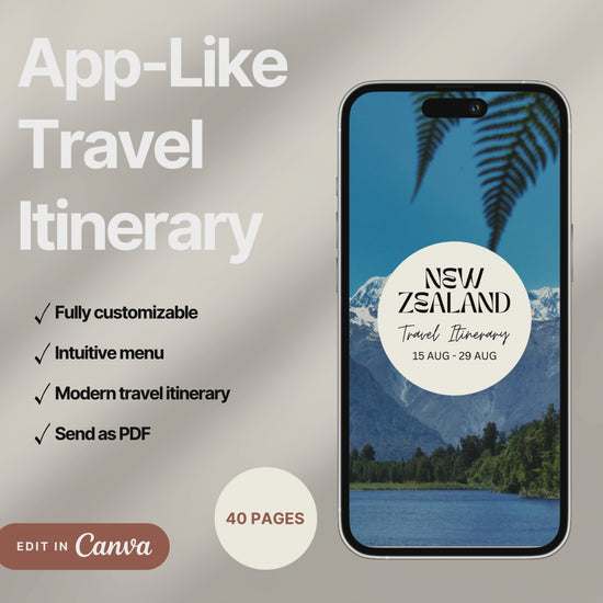 A digital travel itinerary showcased on a smartphone, displaying various interactive pages like daily schedules, packing lists, and destination guides.