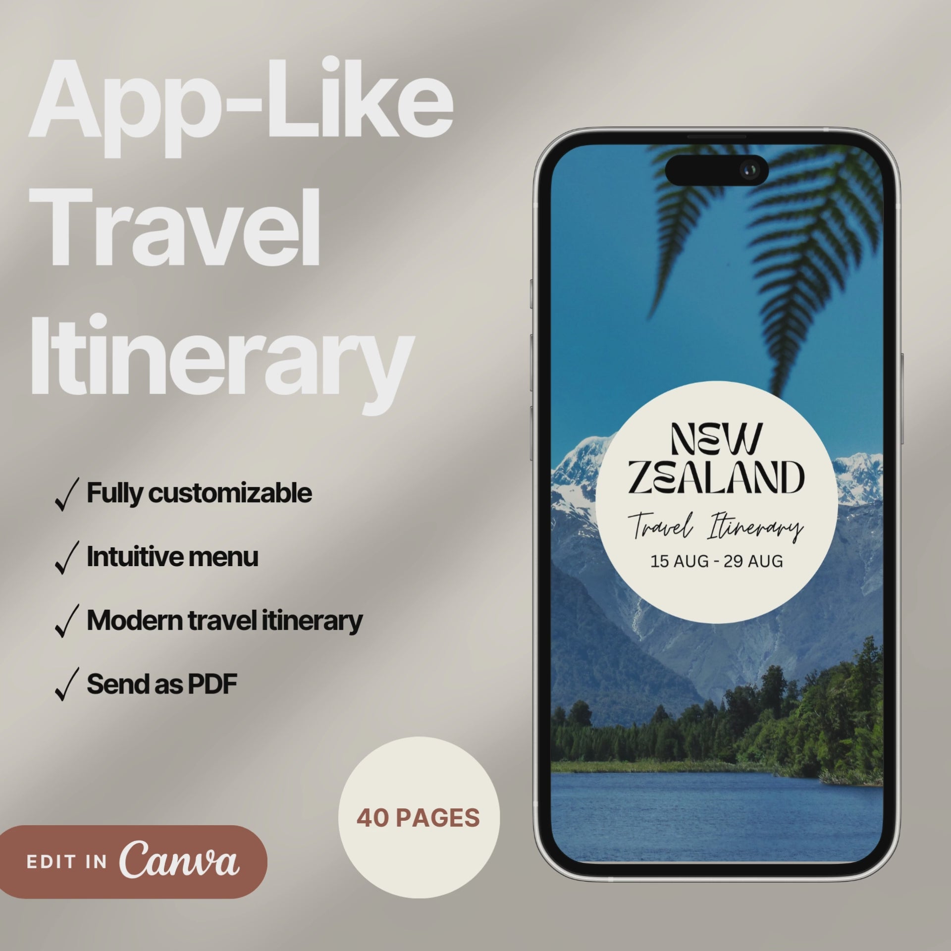 A digital travel itinerary showcased on a smartphone, displaying various interactive pages like daily schedules, packing lists, and destination guides.