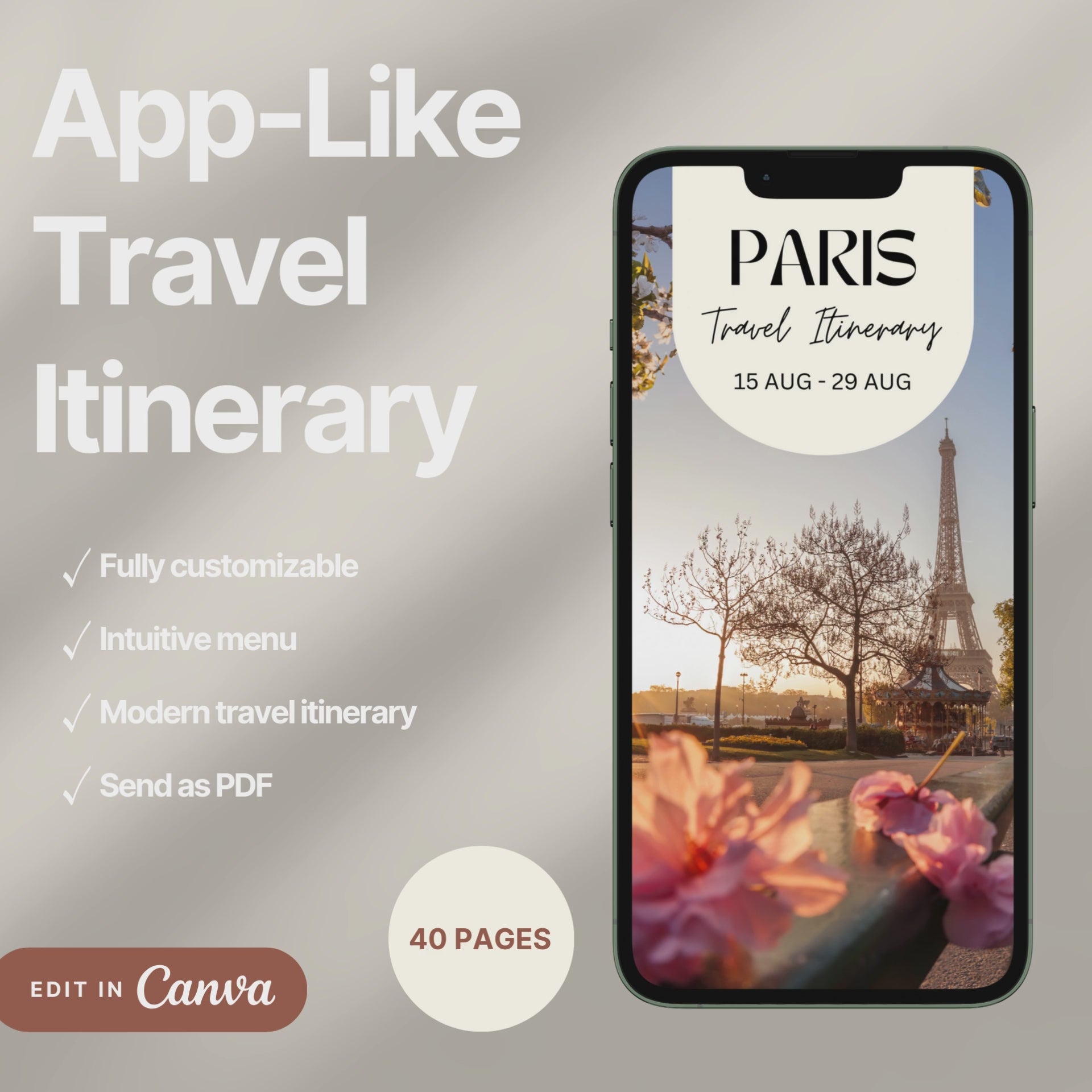 A digital travel itinerary showcased on a smartphone, displaying various interactive pages like daily schedules, packing lists, and destination guides.