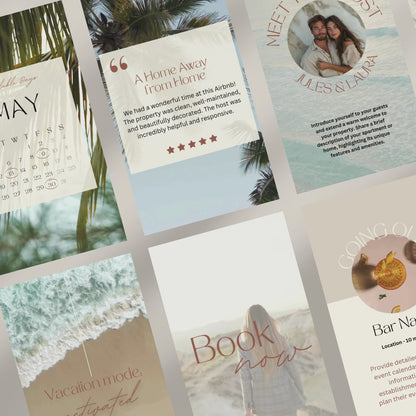 Promo video showcasing a Instagram template bundle for Airbnb hosts, featuring animated previews of post designs, stories, and video story templates with clean, modern layouts and travel-related content.