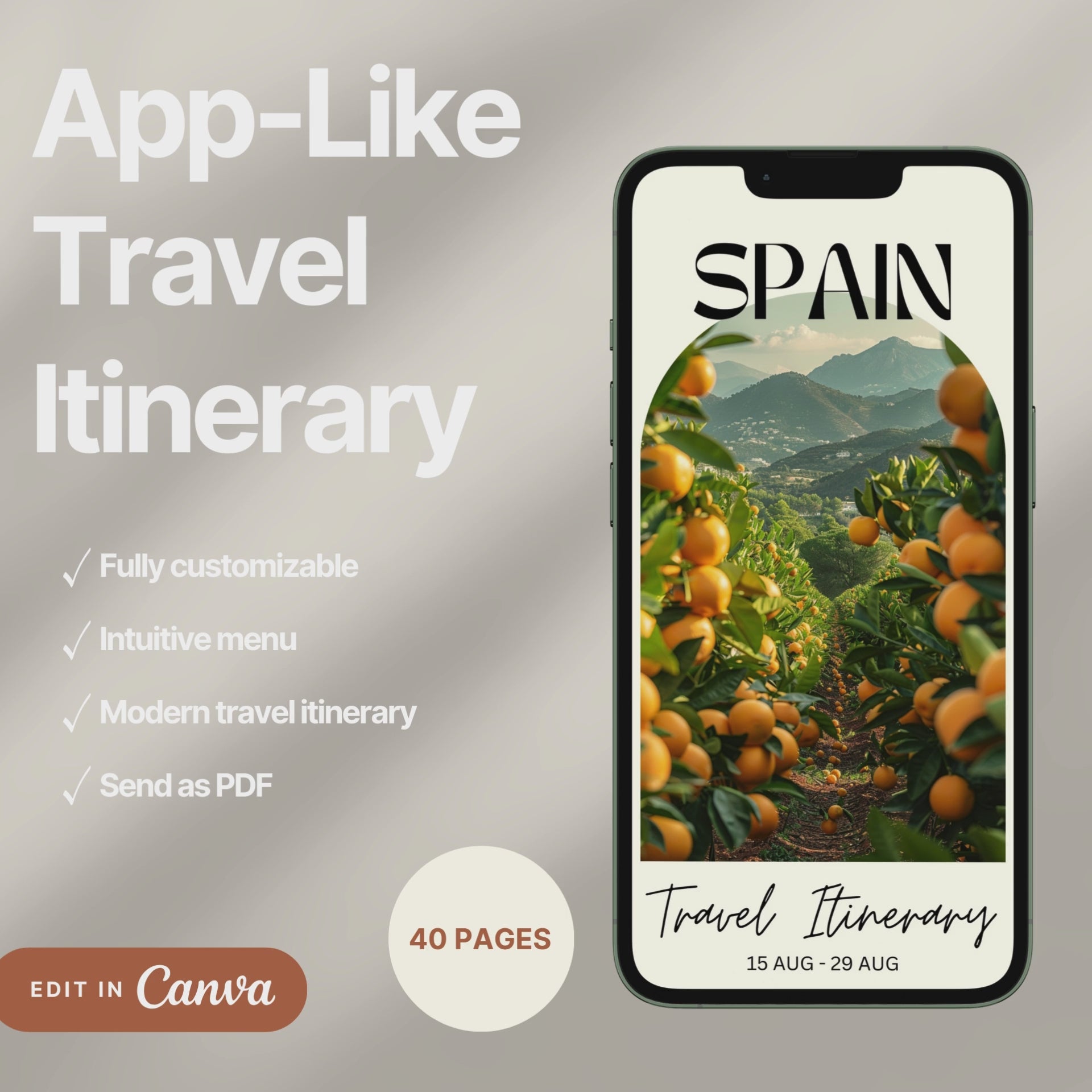 A digital travel itinerary showcased on a smartphone, displaying various interactive pages like daily schedules, packing lists, and destination guides.