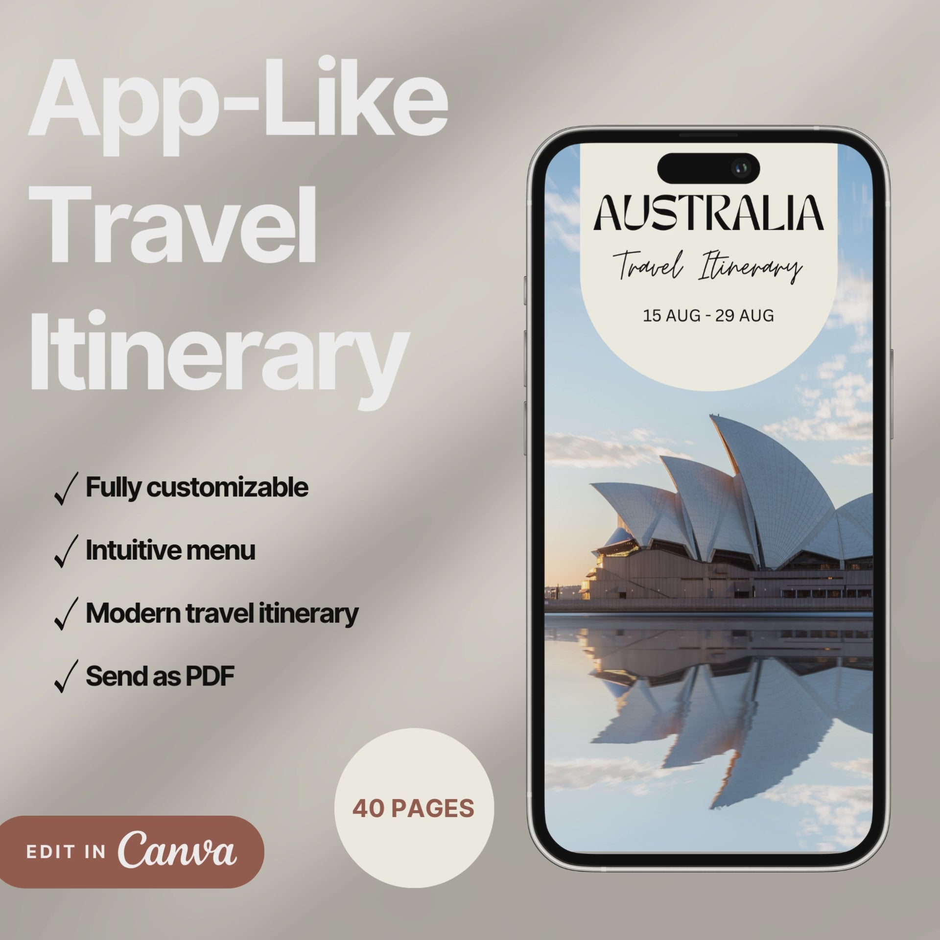 A digital travel itinerary showcased on a smartphone, displaying various interactive pages like daily schedules, packing lists, and destination guides.