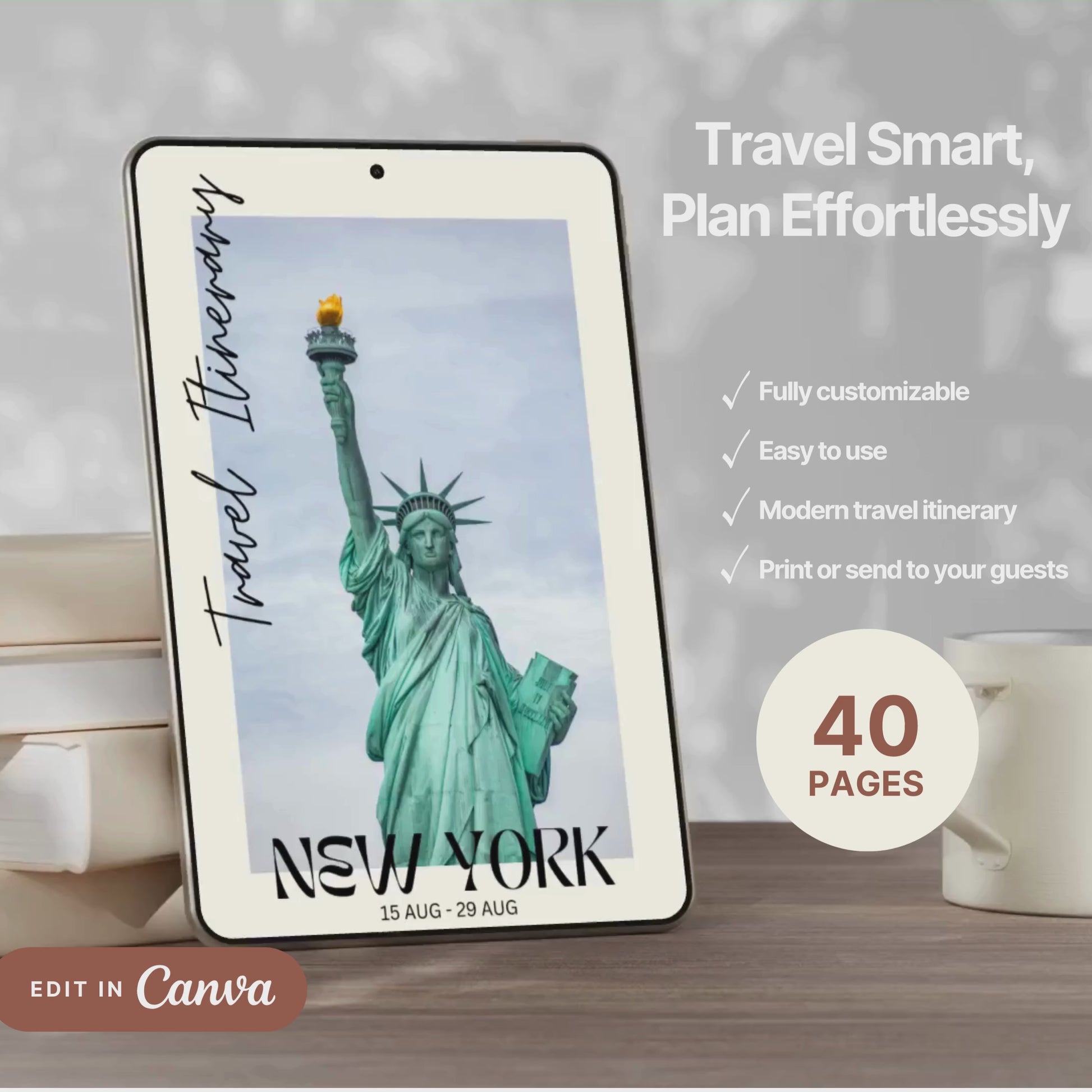 A promotional video showcasing a editable Travel Itinerary in Canva. The video highlights features like daily schedule layouts, clickable links, interactive menu navigation, destination guides.