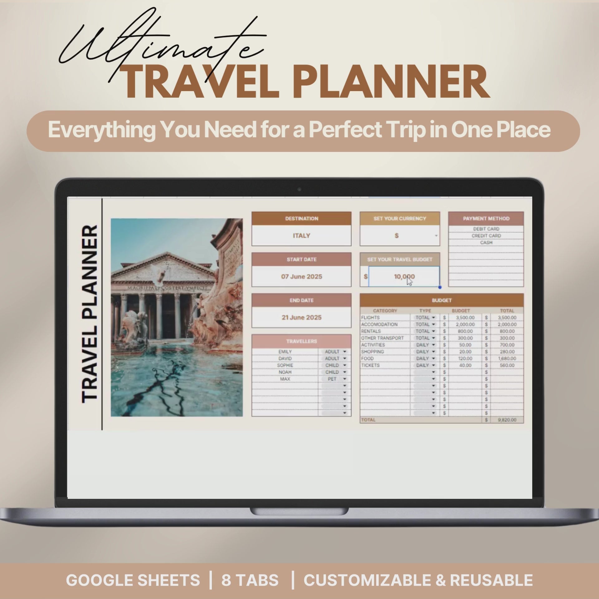 Digital travel planner displayed on a laptop screen.