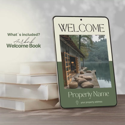 A promotional video showcasing the 500+ Airbnb Host Bundle, featuring editable Canva templates for welcome signs, WiFi cards, thank you notes, guest guides, and social media posts, all designed in a calming blue color palette for Airbnb hosts.