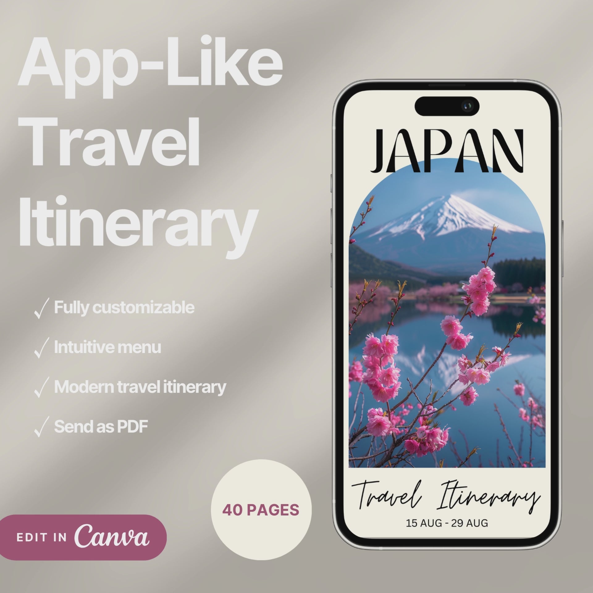 A digital travel itinerary showcased on a smartphone, displaying various interactive pages like daily schedules, packing lists, and destination guides.