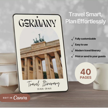 A promotional video showcasing a editable Travel Itinerary in Canva. The video highlights features like daily schedule layouts, clickable links, interactive menu navigation, destination guides.