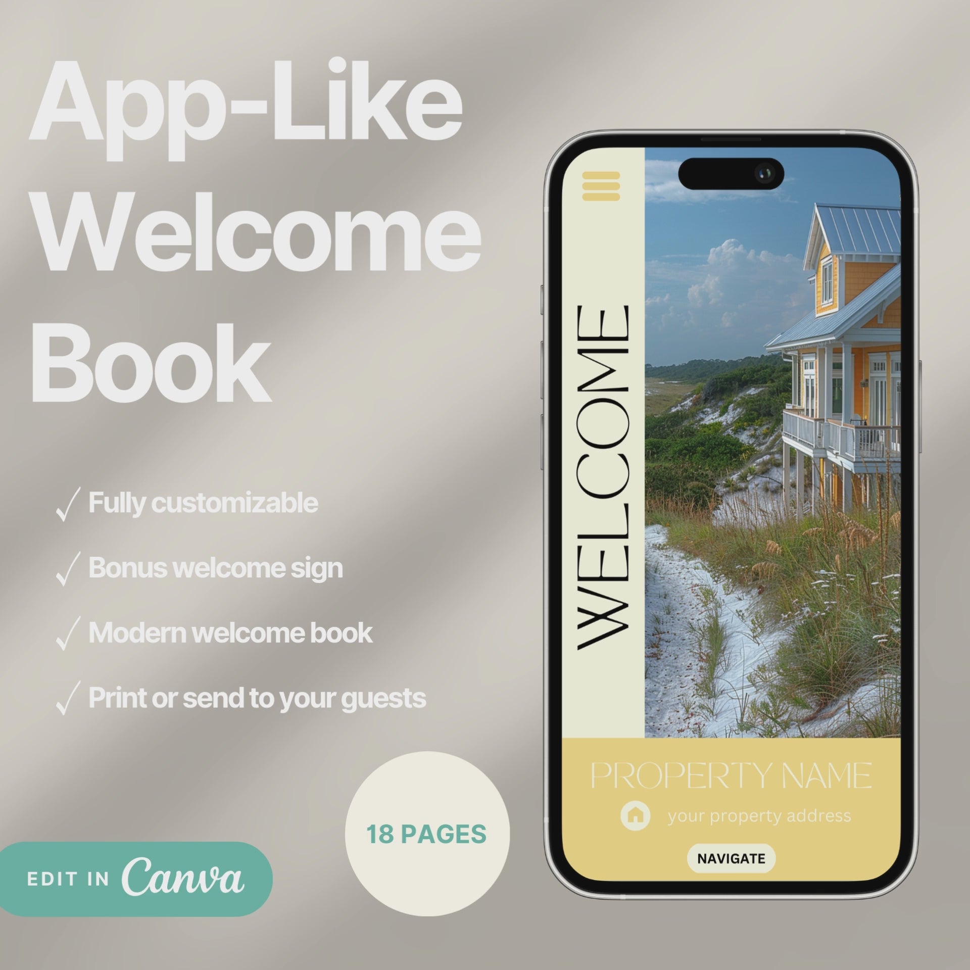 A promotional video for a customizable welcome book, designed for travelers or hosts. The video showcases a sleek interface on mobile and tablet devices, highlighting features such as editable text, local recommendations, accommodation details, maps, and clickable links.
