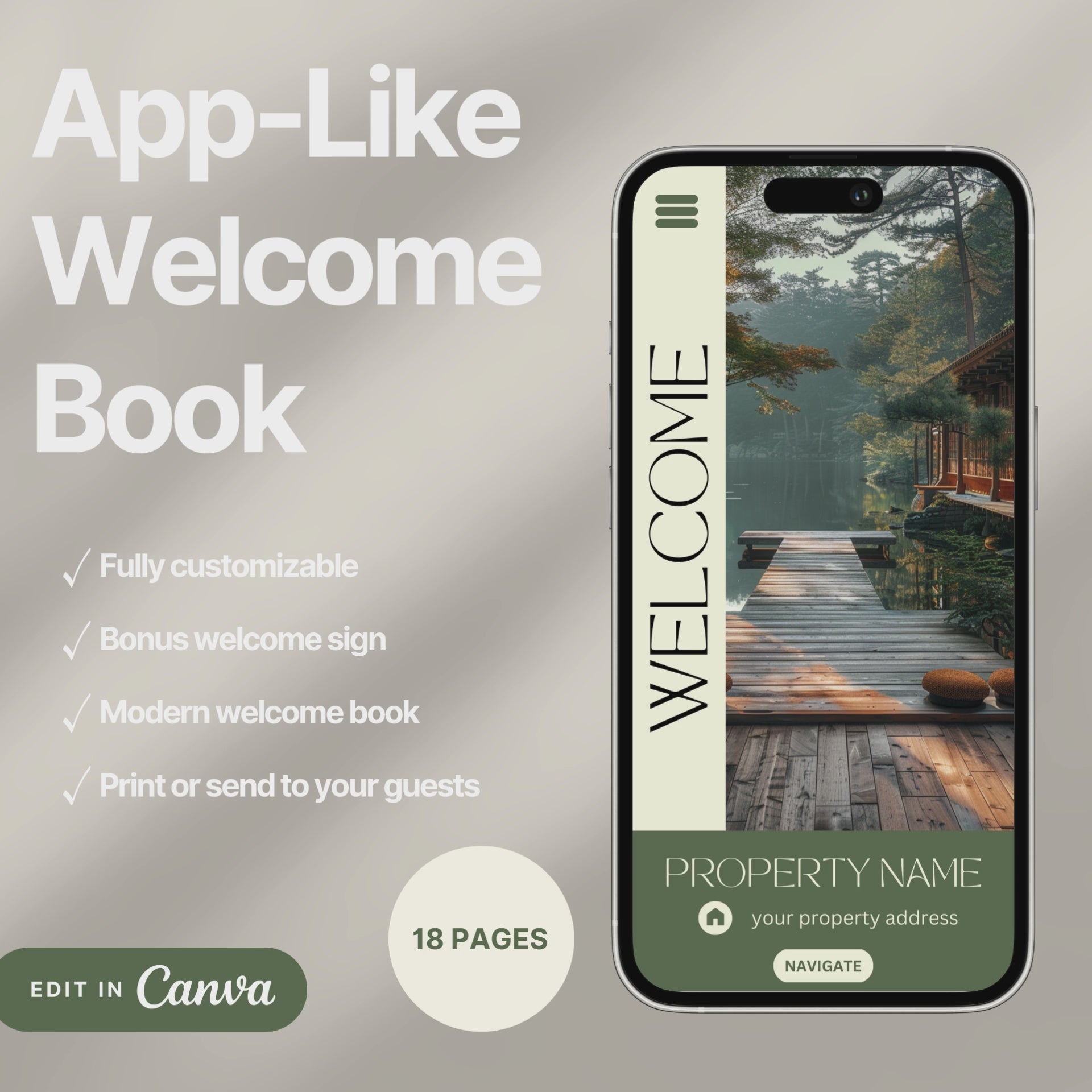 A promotional video for a customizable welcome book, designed for travelers or hosts. The video showcases a sleek interface on mobile and tablet devices, highlighting features such as editable text, local recommendations, accommodation details, maps, and clickable links.