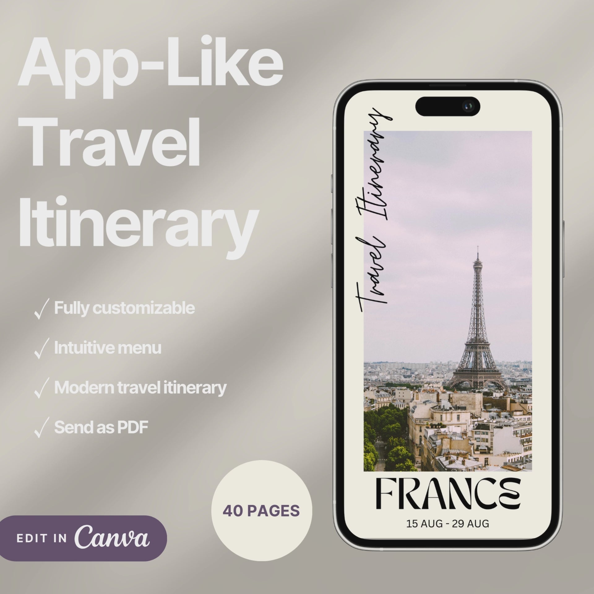 A digital travel itinerary showcased on a smartphone, displaying various interactive pages like daily schedules, packing lists, and destination guides.