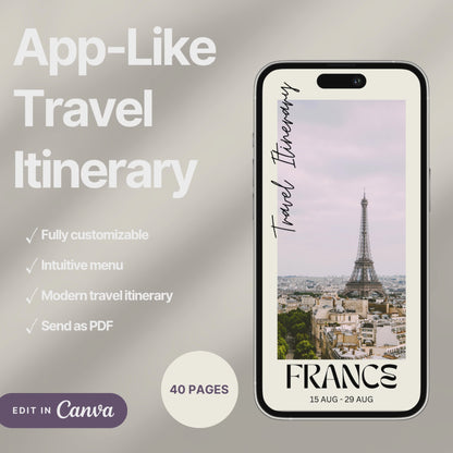 A digital travel itinerary showcased on a smartphone, displaying various interactive pages like daily schedules, packing lists, and destination guides.