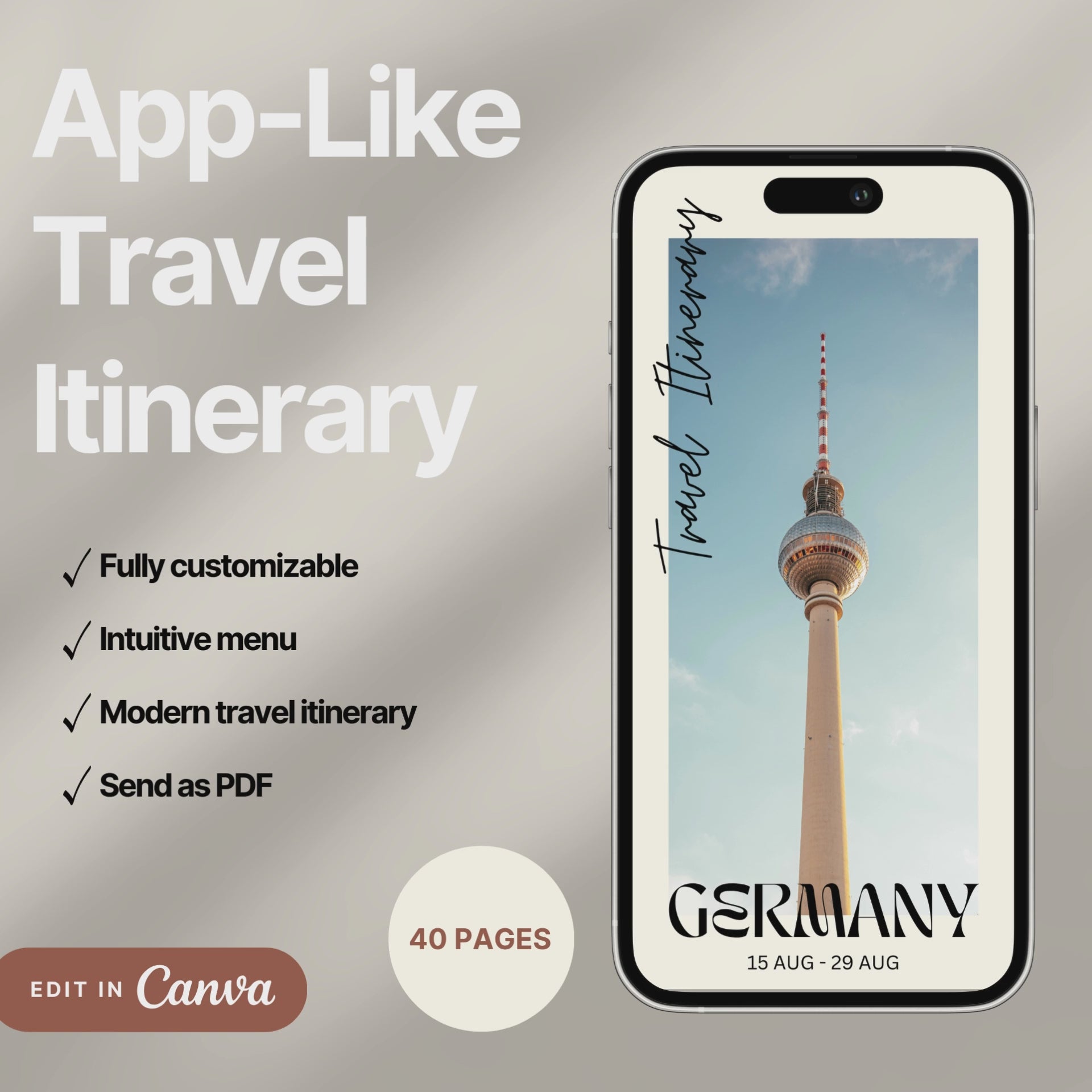 A digital travel itinerary showcased on a smartphone, displaying various interactive pages like daily schedules, packing lists, and destination guides.