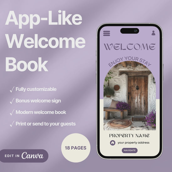 A promotional video for a customizable welcome book, designed for travelers or hosts. The video showcases a sleek interface on mobile and tablet devices, highlighting features such as editable text, local recommendations, accommodation details, maps, and clickable links.