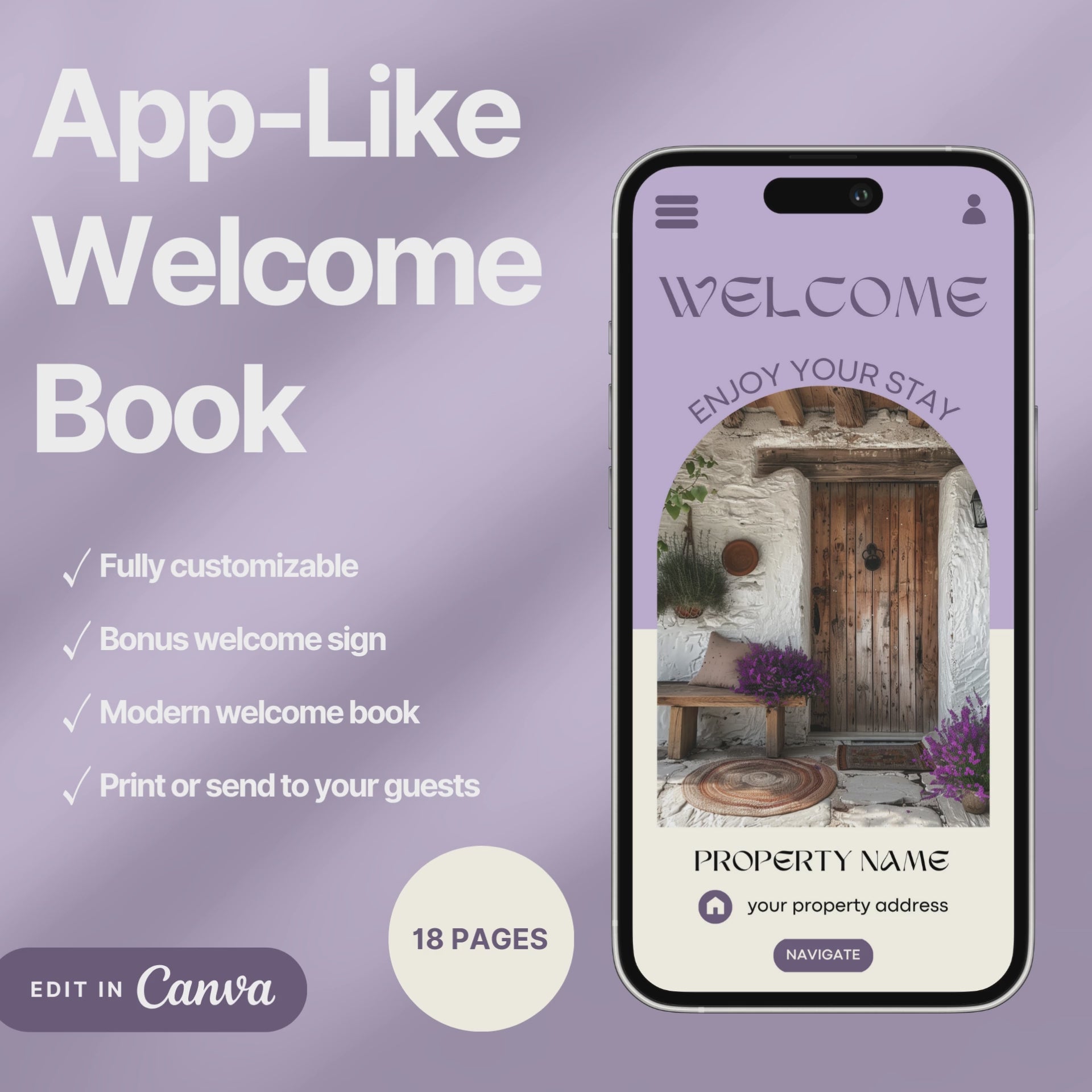 A promotional video for a customizable welcome book, designed for travelers or hosts. The video showcases a sleek interface on mobile and tablet devices, highlighting features such as editable text, local recommendations, accommodation details, maps, and clickable links.