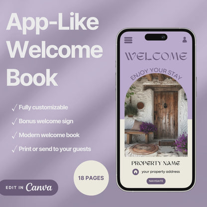 A promotional video for a customizable welcome book, designed for travelers or hosts. The video showcases a sleek interface on mobile and tablet devices, highlighting features such as editable text, local recommendations, accommodation details, maps, and clickable links.