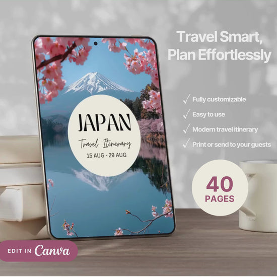 A promotional video showcasing a editable Travel Itinerary in Canva. The video highlights features like daily schedule layouts, clickable links, interactive menu navigation, destination guides.