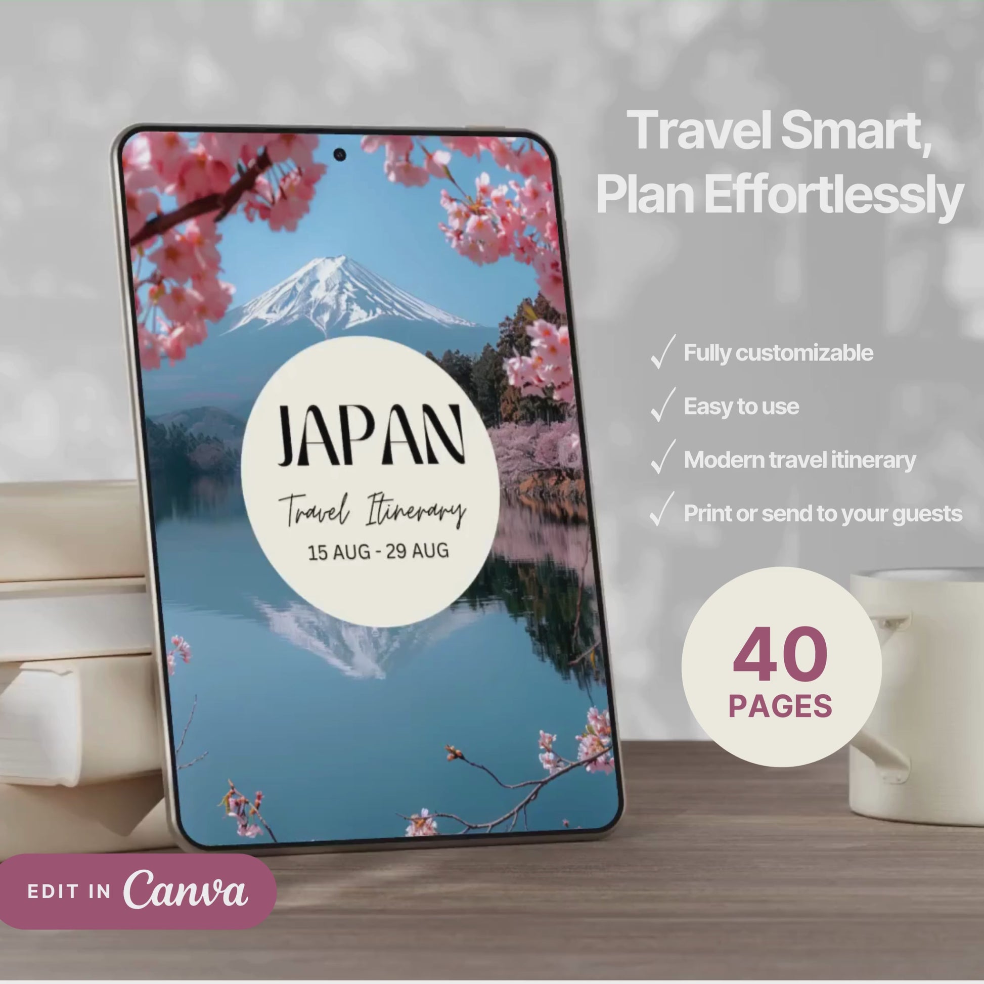 A promotional video showcasing a editable Travel Itinerary in Canva. The video highlights features like daily schedule layouts, clickable links, interactive menu navigation, destination guides.