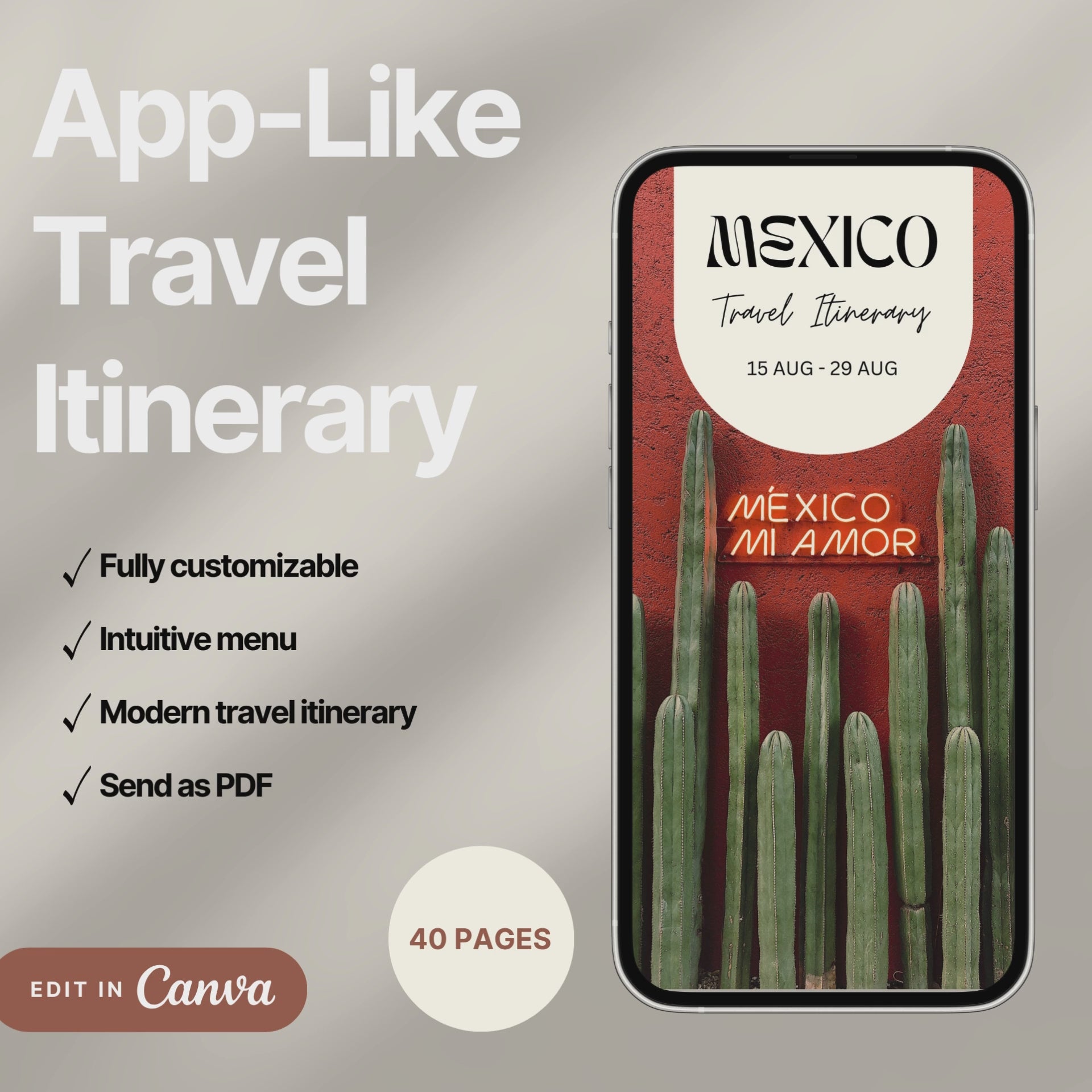 A digital travel itinerary showcased on a smartphone, displaying various interactive pages like daily schedules, packing lists, and destination guides.